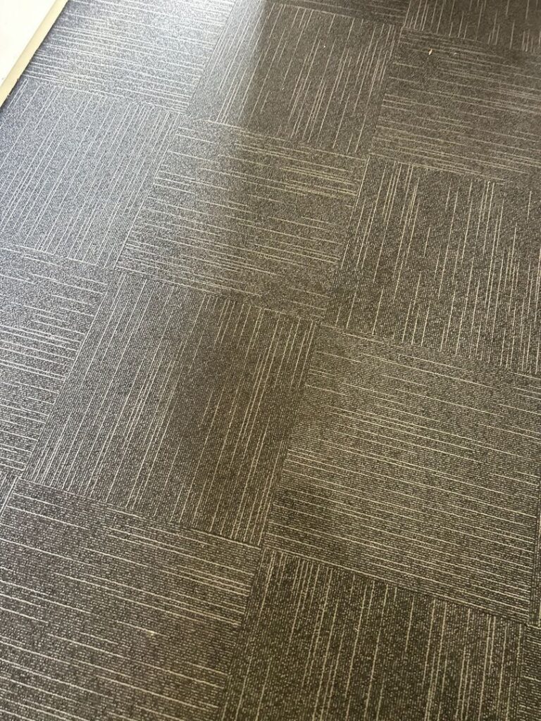 Gray Patterned Commercial Carpet Tiles Image showing gray patterned carpet tiles in a commercial setting.