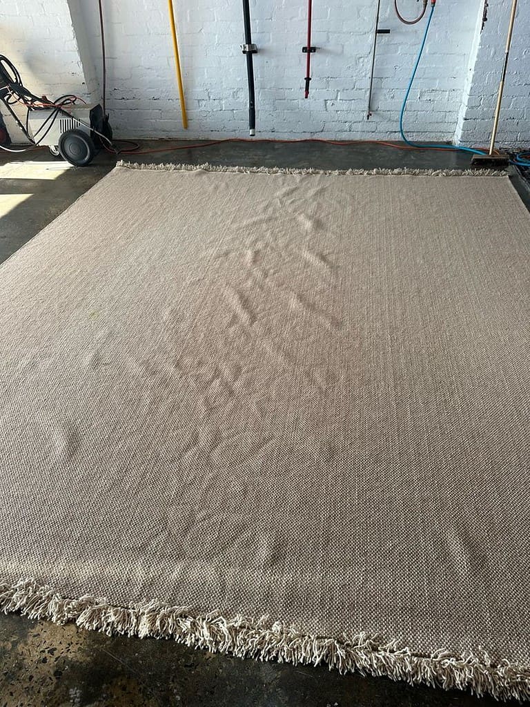 Beige wool rug with fringes in an industrial setting with cleaning tools.