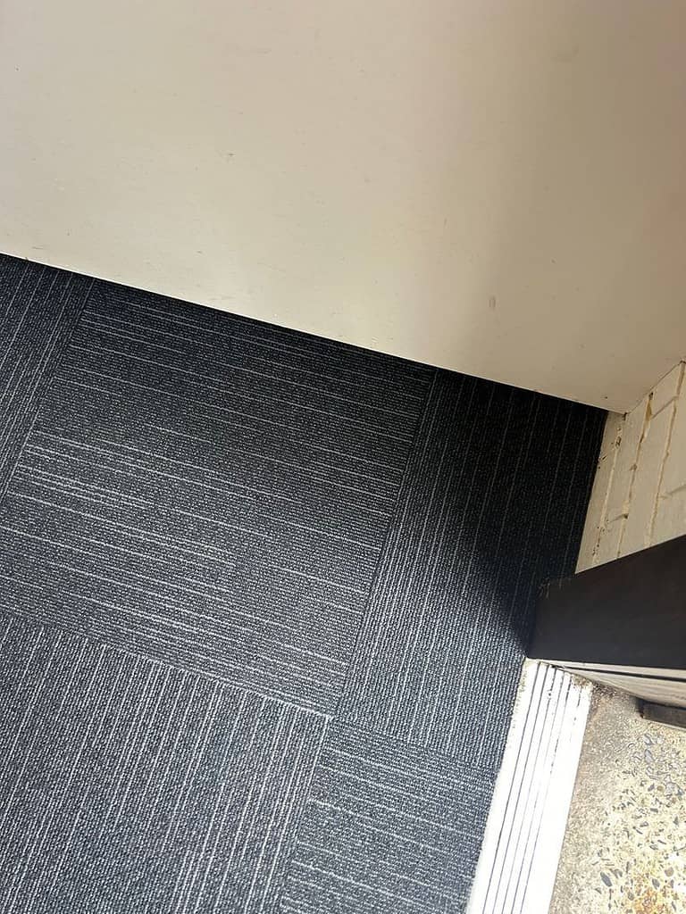 Dark gray carpet tiles with linear patterns next to a white wall and door frame.