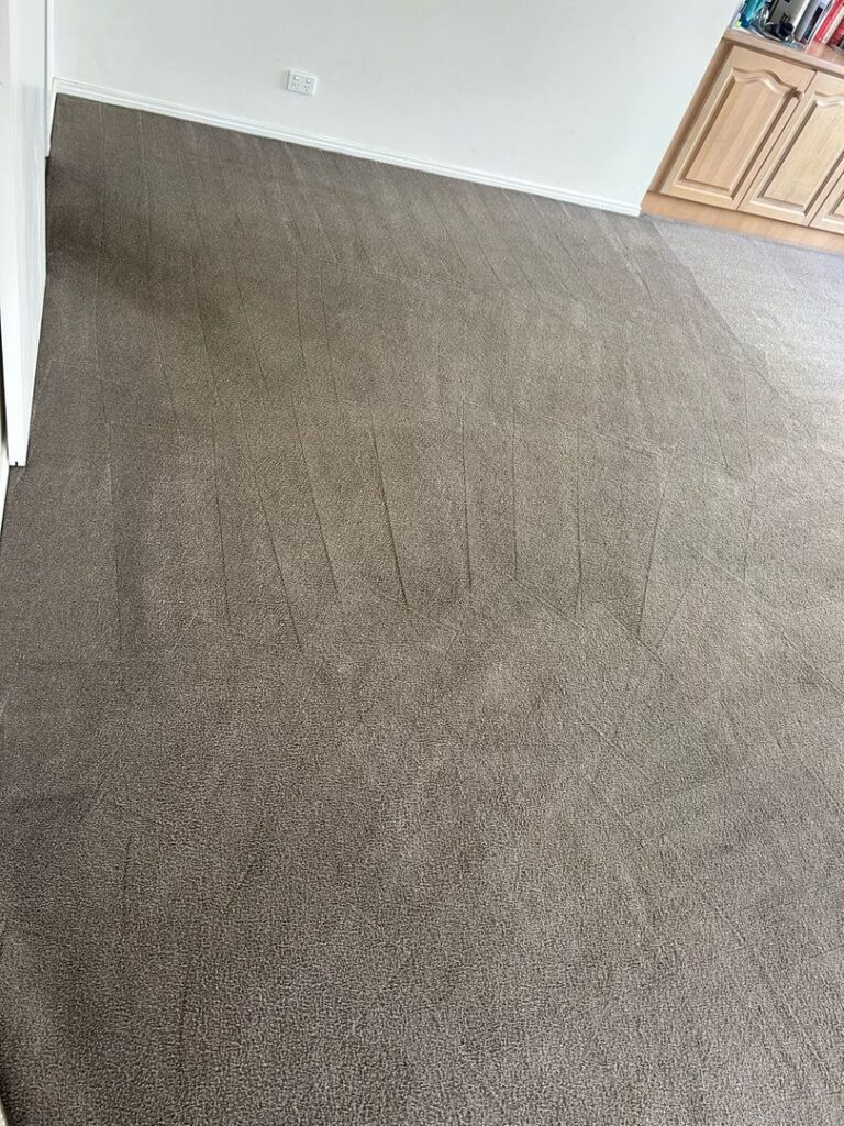 Clean Carpet with Vacuum Lines in Residential Setting Image of a clean carpet with vacuum lines in a room featuring light walls and a wooden cabinet.