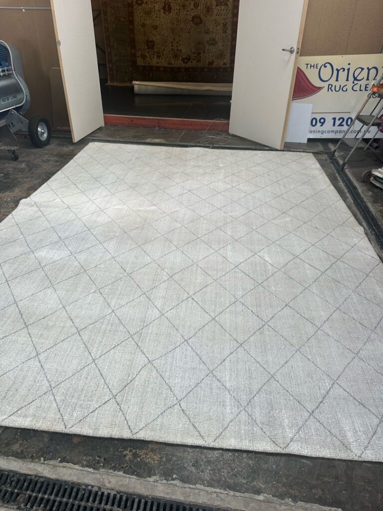 Large diamond-patterned rug in an industrial setting with cleaning equipment.