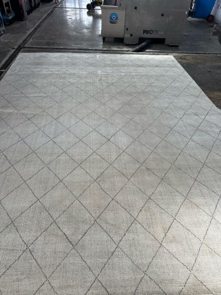 Coco Republic Brighton Rug in Industrial Setting Rug with diamond pattern in industrial area with PROCHEM machine.