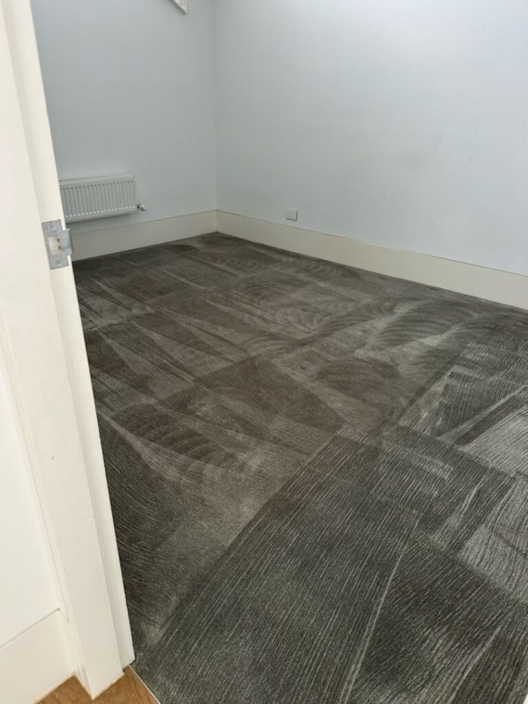 Image of a clean shiny nylon plush carpet in an empty room with white walls.