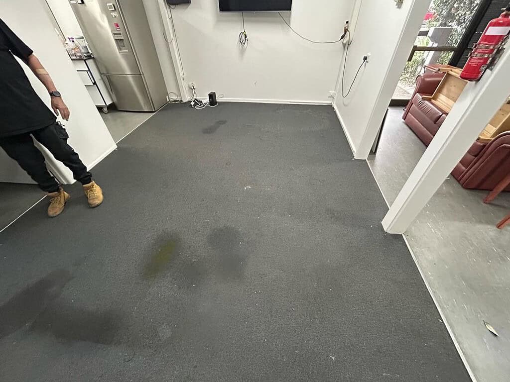 Image of a stained office carpet with industrial elements like a refrigerator and fire extinguisher visible.